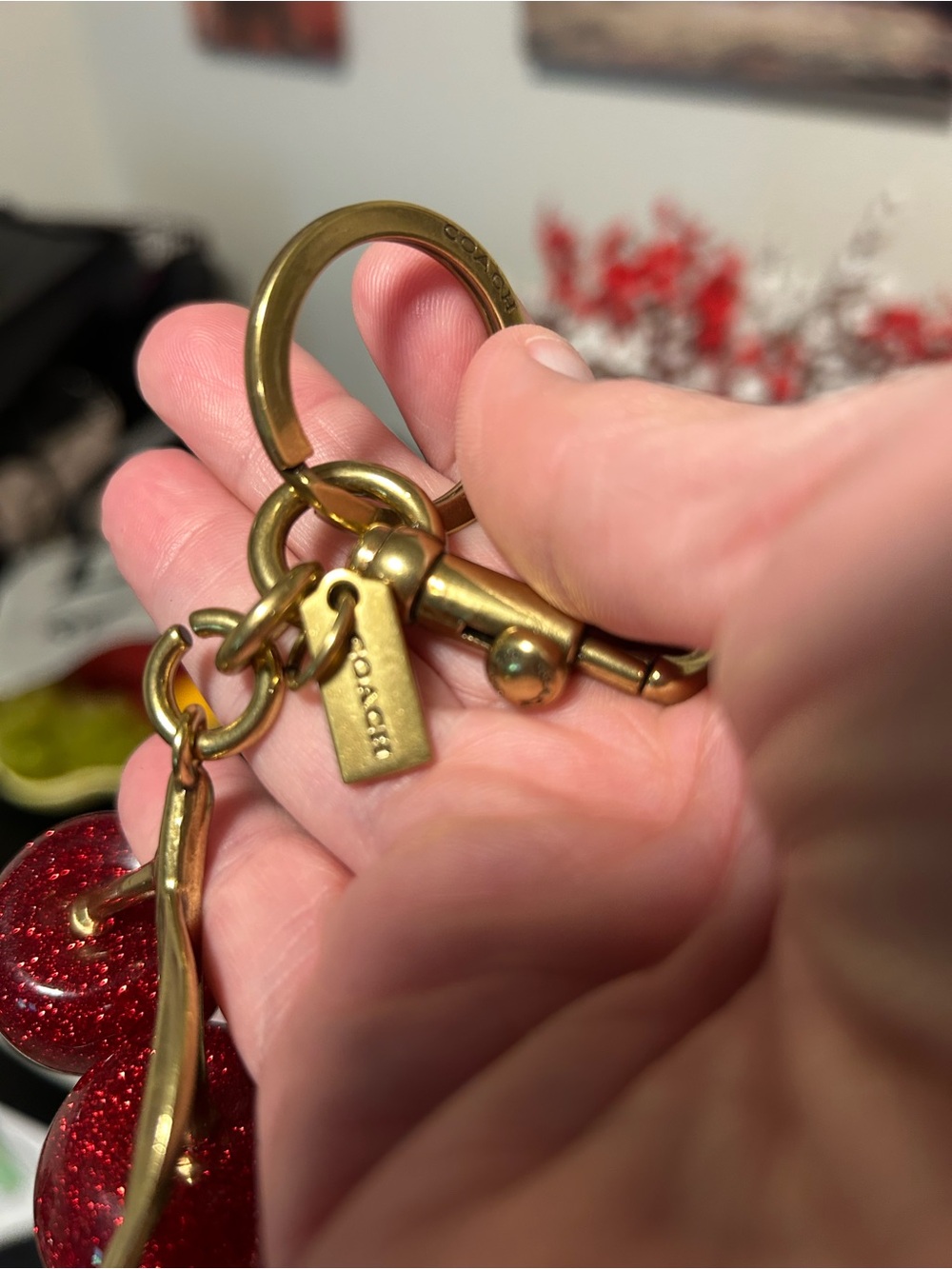 Coach❤️ Gold-Tone Cherry Keyring with Red Glitter Cherries - Picture 4 of 5